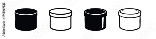 Cylindrical container or jar icons set. Four vector illustrations of simple storage vessels in solid and outline styles.