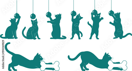 Cat silhouettes playing with Christmas ornaments and bone, set of funny feline characters, pet activity icons, holiday kitten elements, turquoise animal vector.