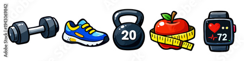 Vibrant hand-drawn set of fitness icons featuring a dumbbell, sneaker, kettlebell, apple with tape, and smartwatch, perfect for health, diet, and exercise themes on a white background.