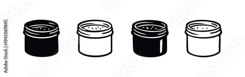 Spice shaker or jar with threaded lid icons set. Four vector illustrations of cylindrical containers.
