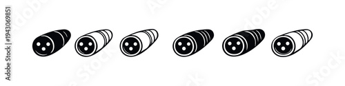 XLR male audio connector icons set. Six vector illustrations of microphone cable plugs in various styles.