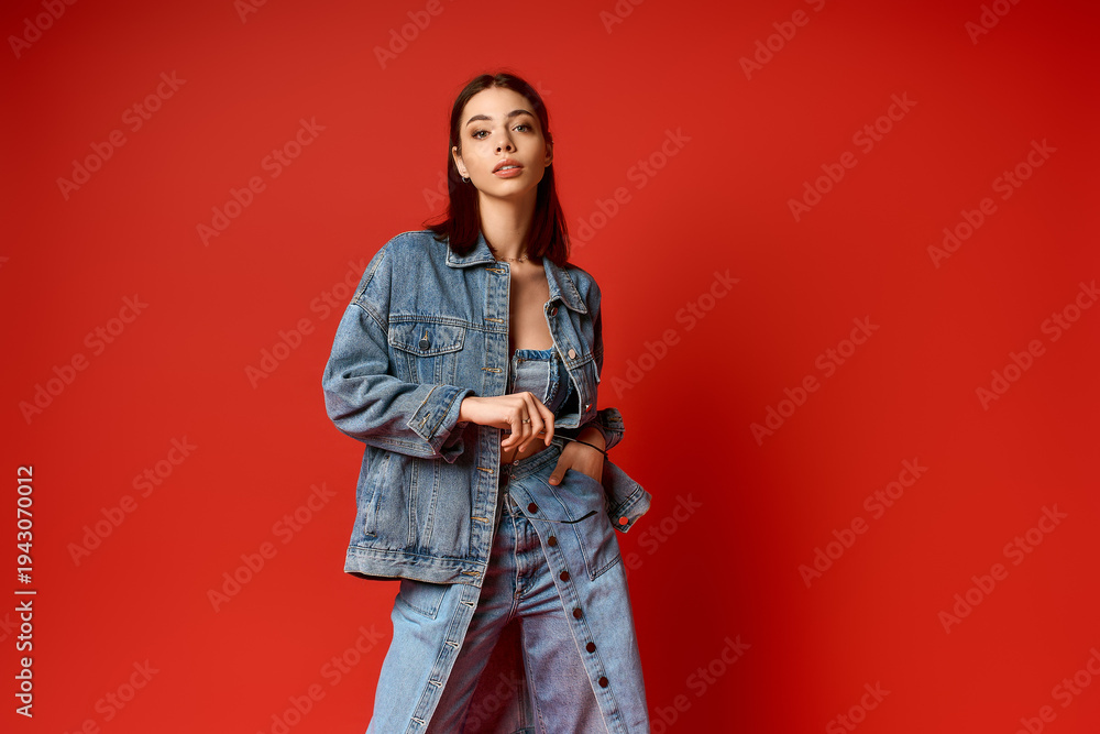Fototapeta premium Stylish young woman in denim outfit poses confidently in a vibrant studio setting