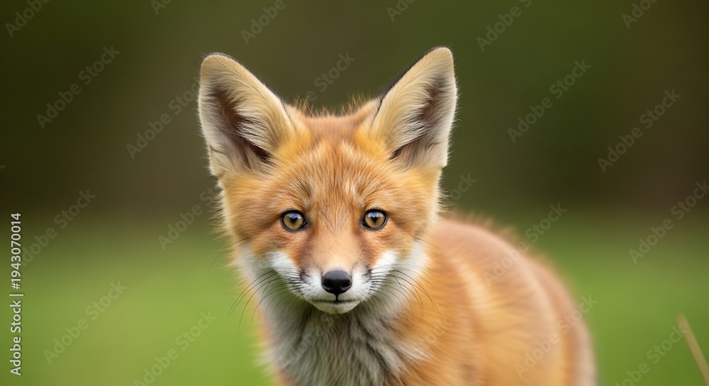 Fototapeta premium Red Fox Kit Portrait in Green Field.