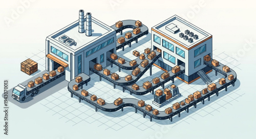 Isometric Factory Production Line Facility.