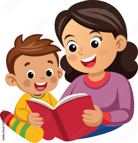 Mother and Son Reading Book Together in Cute Cartoon Illustration