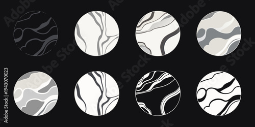 Collection of eight marbled oval designs in grayscale tones