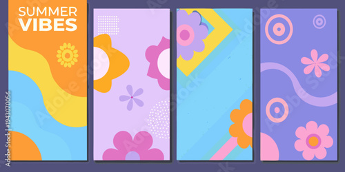 Abstract summer vibes colorful geometric patterns and floral elements
