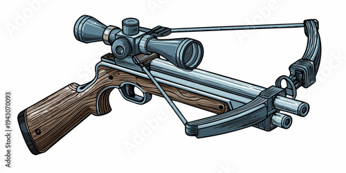 Detailed illustration of a modern crossbow with a telescopic sight