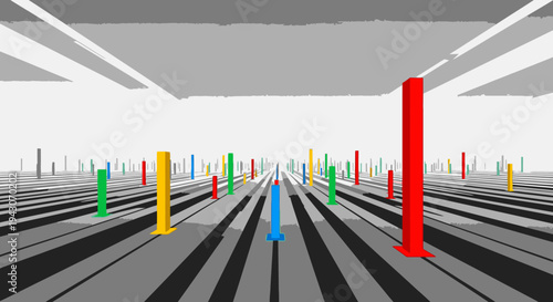 Abstract 3D rendering of colorful pillars in perspective on a grey and black striped ground, futuristic cityscape concept