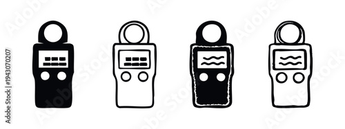 Light Meter or Sound Level Meter Icon Set. Handheld device measurement tools in black and white, sensor gadget symbols.