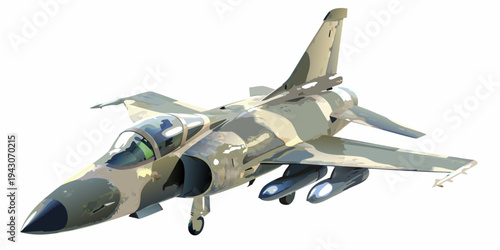 A digital illustration of a military fighter jet in camouflage paint