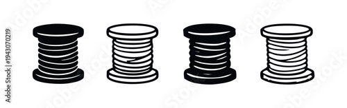 Stacked Ring Cylindrical Objects Icon Set. Abstract industrial bolt and screw vectors, black and white coiled shapes collection.