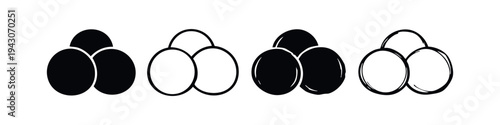 Overlapping Circles Icon Set. Venn diagram or color mixing symbols, black and white intersection graphic elements.