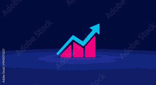 3D bar chart with upward trending arrow indicating business growth and financial success on a dark blue background
