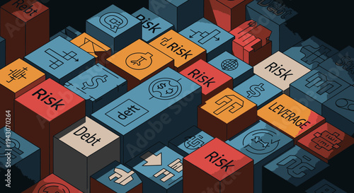 Abstract isometric illustration of financial risk, debt, and leverage concepts represented by blocks with icons and text