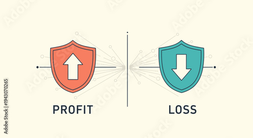 Concept of profit and loss with shields, arrows, and abstract background. Financial security.