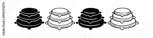 Stacked Cooking Pots or Cauldrons Icon Set. Kitchen Utensils and Alchemy Equipment Vector Illustration.