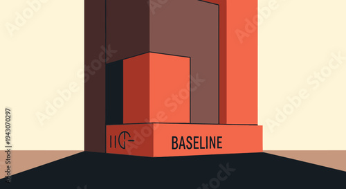 Abstract geometric illustration featuring red blocks stacked on a 'BASELINE' foundation, symbolizing data analysis, business growth, and foundational principles in a minimalist design.