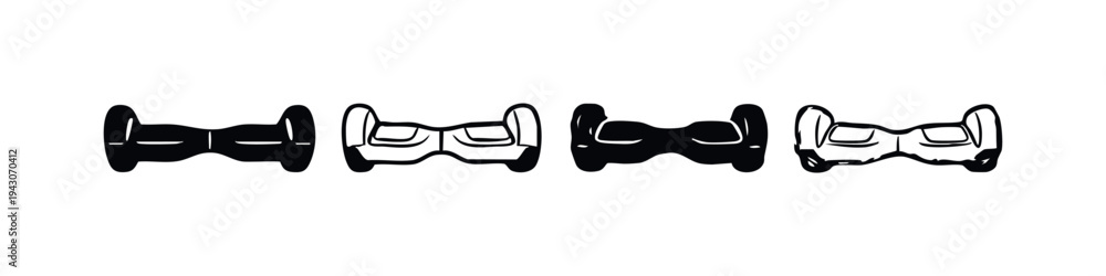 Fototapeta premium Hand drawn hoverboard icon set from a slightly elevated perspective, in black and white sketch style.