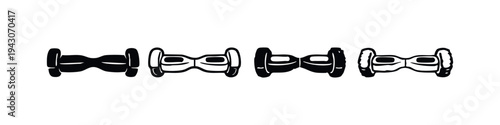 Hand drawn hoverboard icon set in black and white sketch style, top view, for modern transportation.