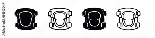 Hand drawn knee pad or protective gear icon set in black and white sketch style for sports safety.
