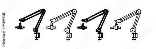Hand drawn microphone boom arm stand icon set with microphone, in black and white sketch style.