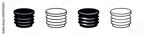 Hand drawn stack of coins or tokens icon set in black and white doodle style for finance and business.