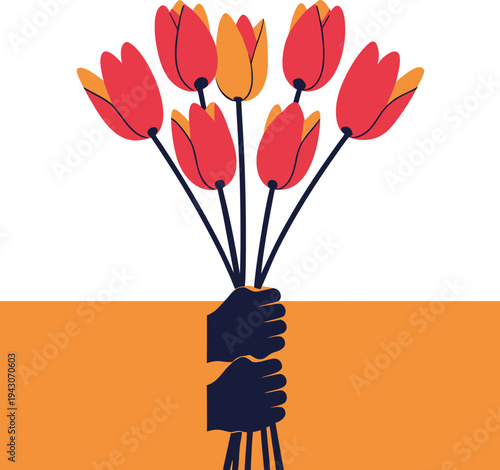 Hands Holding Tulip Flower Bouquet Vector Illustration for Greeting Card
