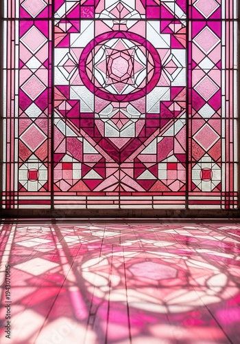 Intricate geometric stained glass window casts colorful reflections onto a wooden floor