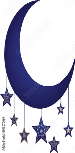 Dark blue crescent moon with hanging decorative stars on a white background navy