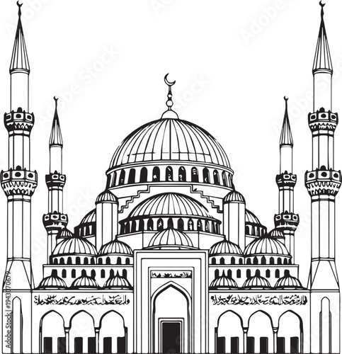 Detailed black and white line drawing of a grand mosque with domes and minarets Islamic architecture