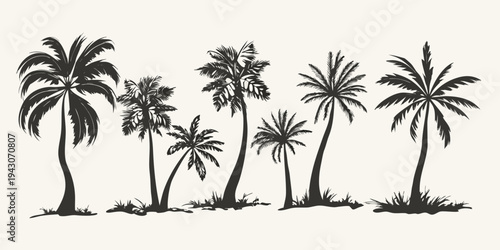 A monochrome silhouette of several tropical palm trees against a white background