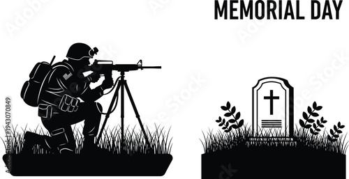 Memorial Day silhouette with soldier kneeling with rifle on tripod in grass, military headstone with cross and leaves, honoring fallen veterans.