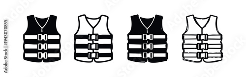 Life vest icon set. Collection of safety life jacket symbols in black and white styles for water sports, rescue, and boating designs.