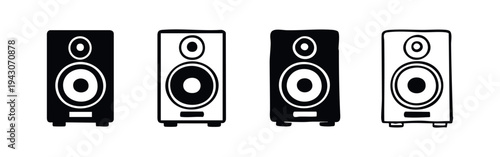 Speaker system icon set. Collection of audio loudspeaker symbols in black and white styles for music, sound, and entertainment designs.