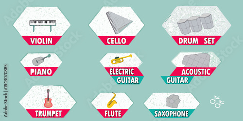 Colorful illustration displaying various musical instruments and their names