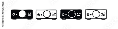 Audio receiver icon set. Collection of sound system amplifier symbols in black and white styles for music, entertainment, and technology designs.