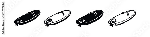 Surfboard icon set. Collection of simple surfing board symbols in black and white styles for water sports and beach activity designs.