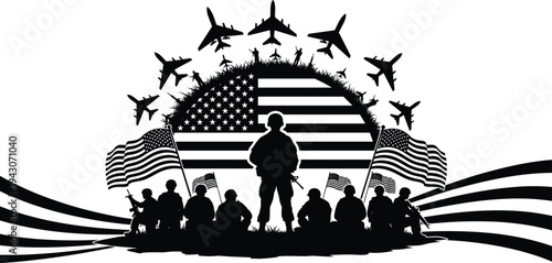 Military soldiers silhouette with American flag, fighter jets flying over army troops, patriotic veterans memorial day, Fourth of July independence day celebration.