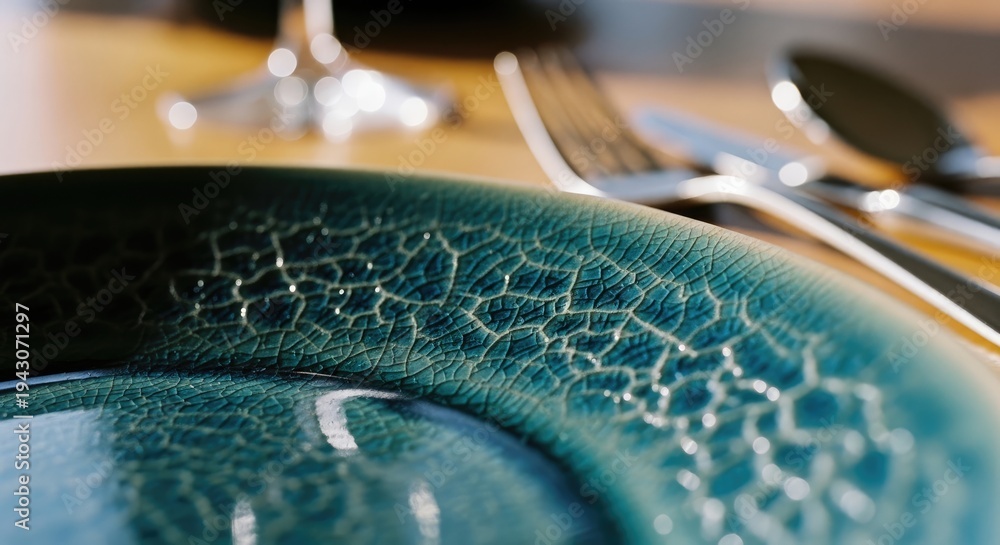 Obraz premium Close-up of a teal ceramic plate with a unique crackle glaze pattern, set on a dining table.