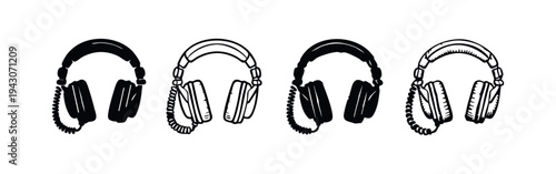 Over-Ear Headphones with Coiled Cable Icon Set. Audio Listening Device.