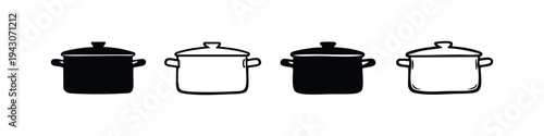 Hand-drawn cooking pot icon set (variation). Sketchy doodle kitchen pots collection with lid and handles for food preparation.