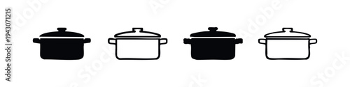 Hand-drawn cooking pot icon set. Sketchy doodle saucepan collection with lid and handles for kitchenware themes.