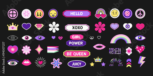A vibrant collection of colorful stickers featuring symbols of love and positivity