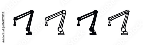 Hand-drawn microphone boom arm icon set (variation). Sketchy mic stand symbols for studio setup and audio recording gear.
