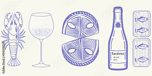 A collection of seafood wine and a tribal mask illustration