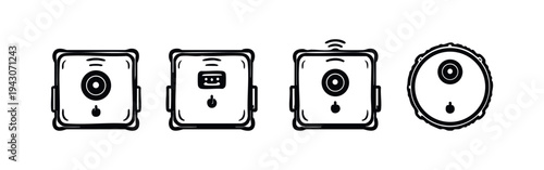 Hand-drawn robot vacuum cleaner icon set. Sketchy doodle smart home cleaning symbols for robotic floor cleaner.
