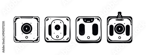 Robot vacuum cleaner icon set, top view. Automated home cleaning device illustrations in flat style.