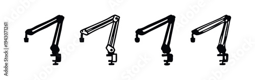 Hand-drawn microphone boom arm icon set. Sketchy doodle mic stand symbols for podcasting and studio equipment.