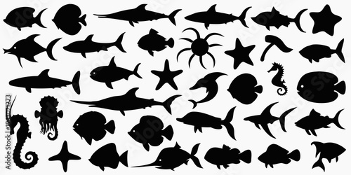 A collection of black silhouettes depicting various sea creatures and marine life